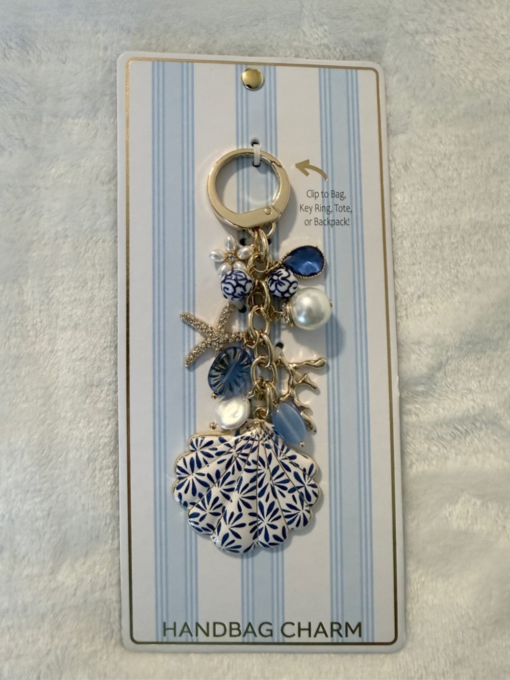 Blue & White Shell Handbag Charm with Gold Accents